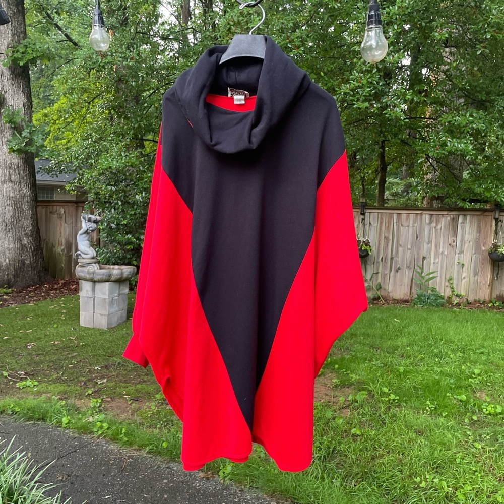 Vintage Red and Black Poncho Sweater with Cowl Neck Size Cathleen For Sweet Herb